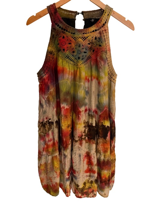 Dresses & Skirts - Custom Hand Tie Dyed Boho Crochet Halter Mini Dress L